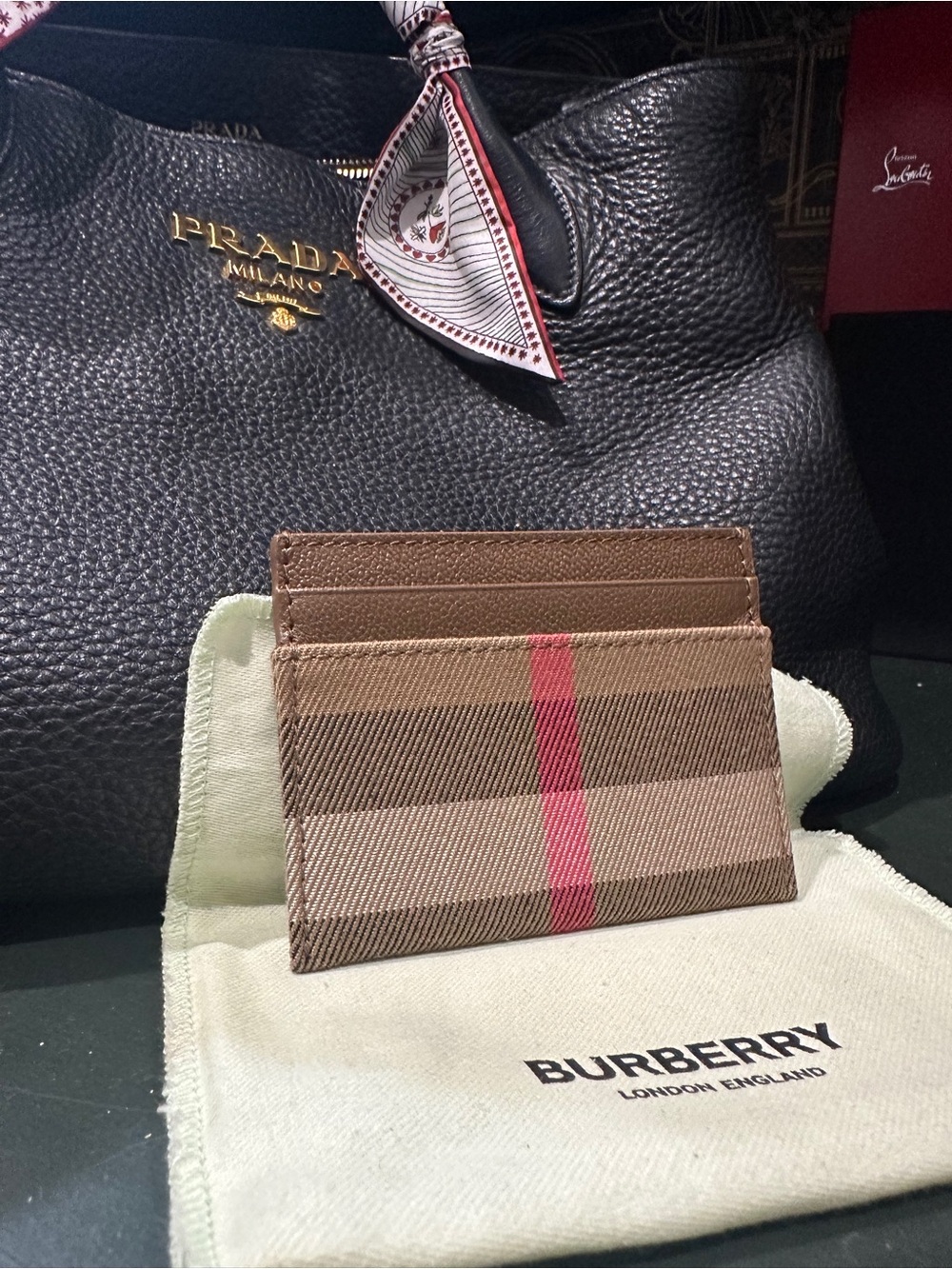 Burberry Brown Plaid Card Holder with Pink Stripe
